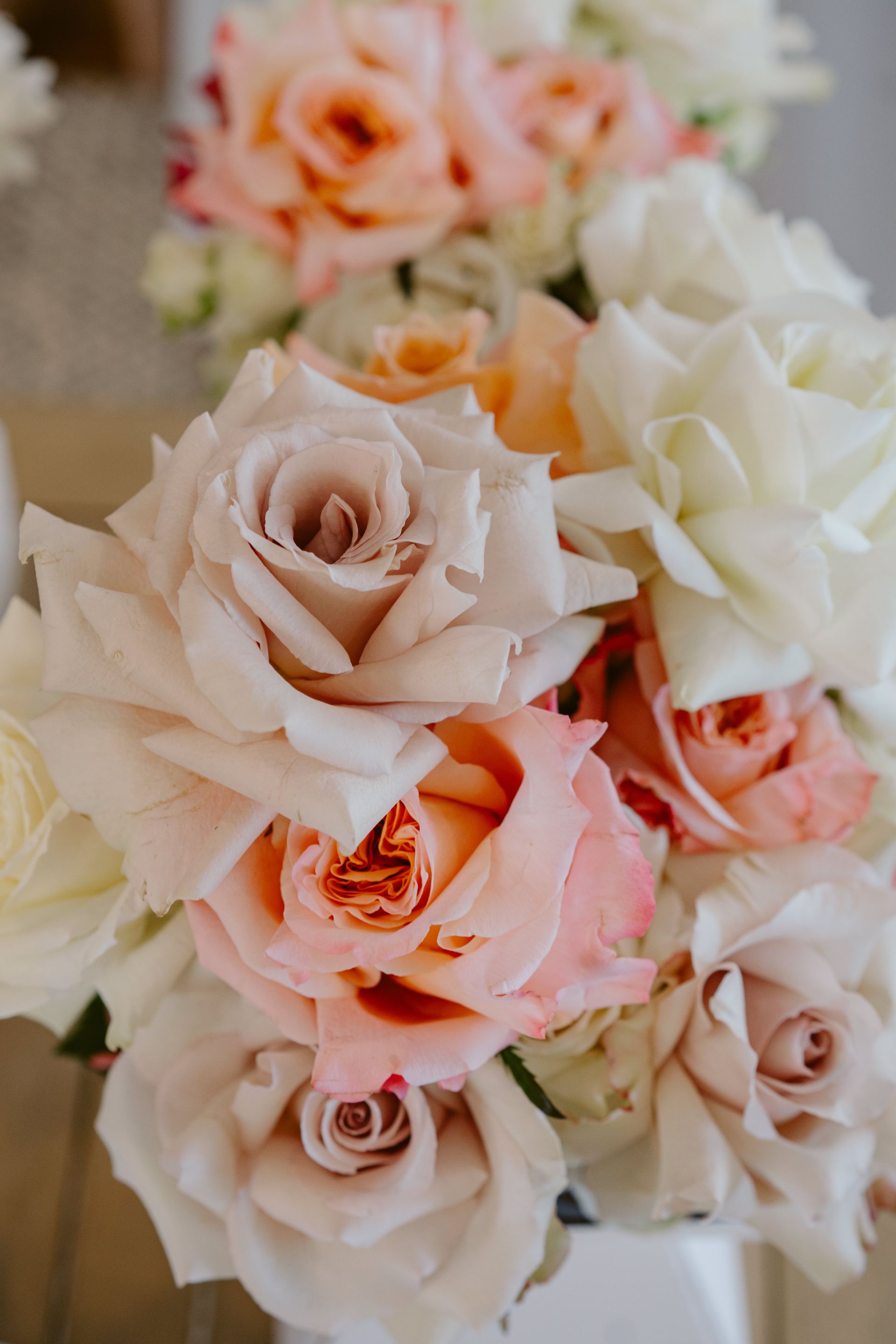 Close-up of a bouquet of pastel roses, ranging from peach to pale pink and cream, in an arrangement.
