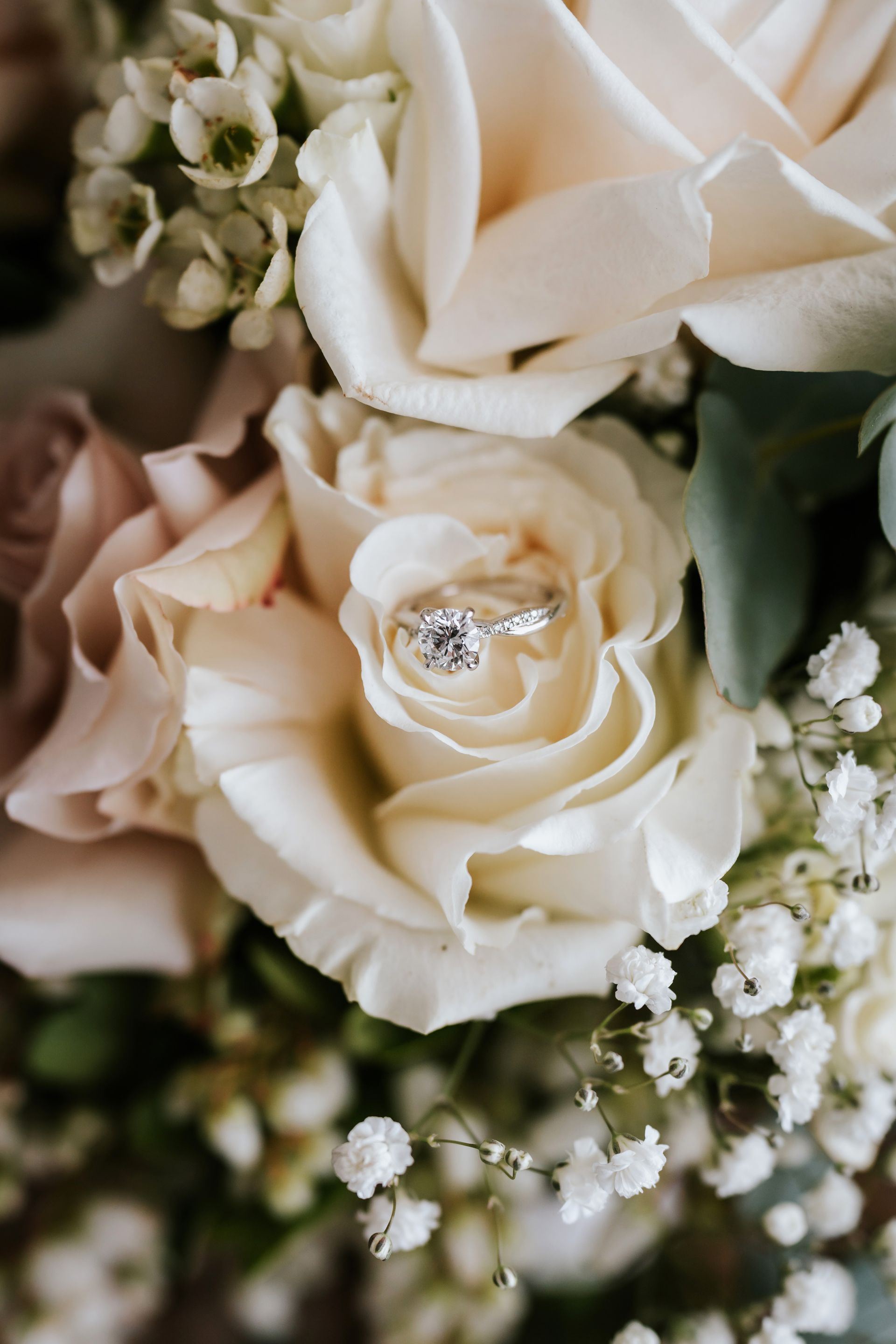 Engagement ring nestled in a light-colored rose bouquet, with baby's breath and other flowers visible.