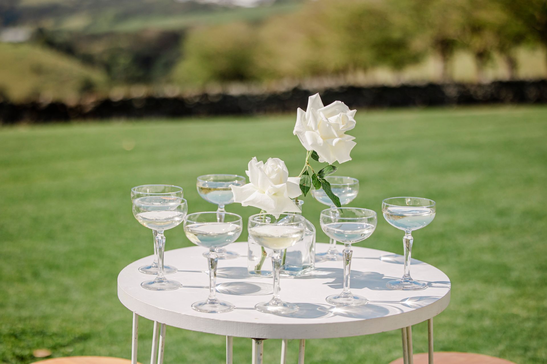 White table with champagne glasses and flowers on green grass.
