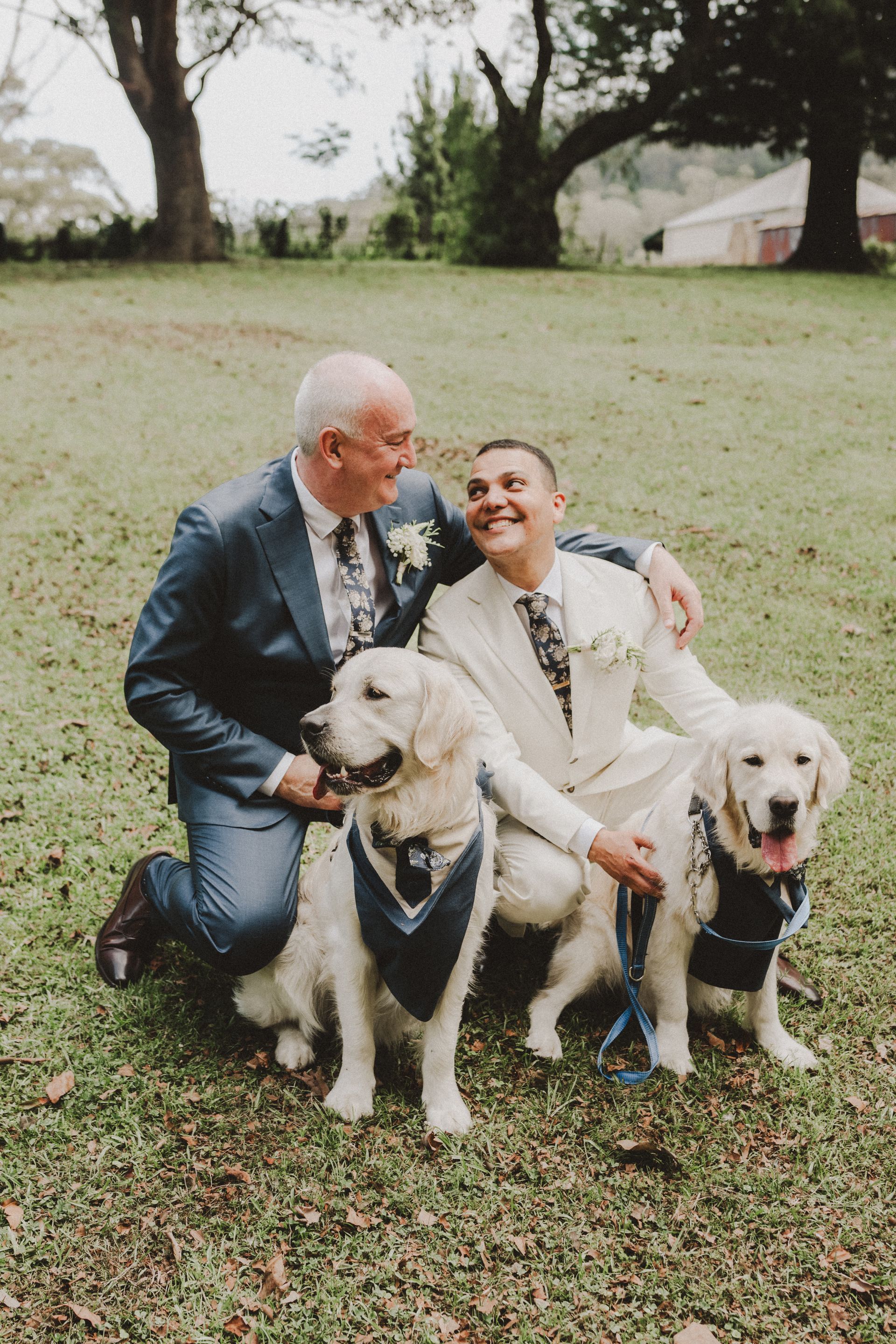 Two men in suits smile with two golden retrievers in a grassy outdoor setting.