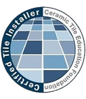 Logo for Certified Tile Installer, with a blue tile grid in a circular emblem.