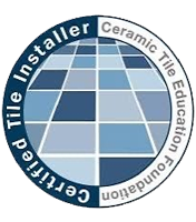 Logo for Certified Tile Installer, with a blue tile grid in a circular emblem.