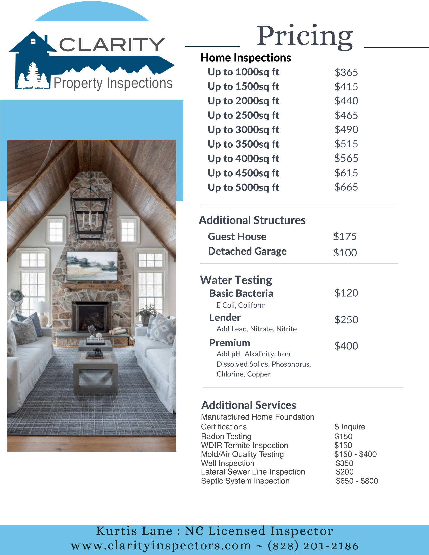A pricing sheet for a living room with a fireplace