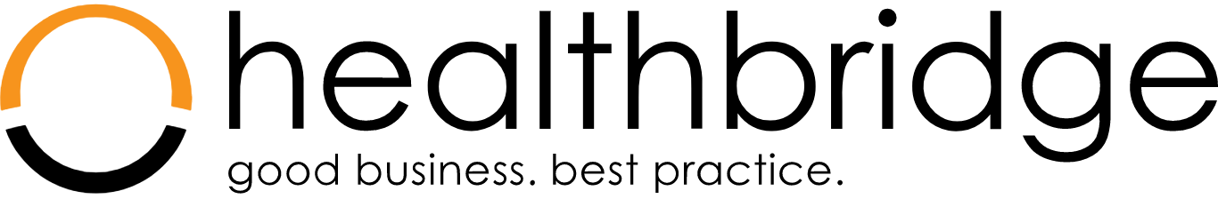 Healthbridge logo with orange and black arches and text: good business. best practice.
