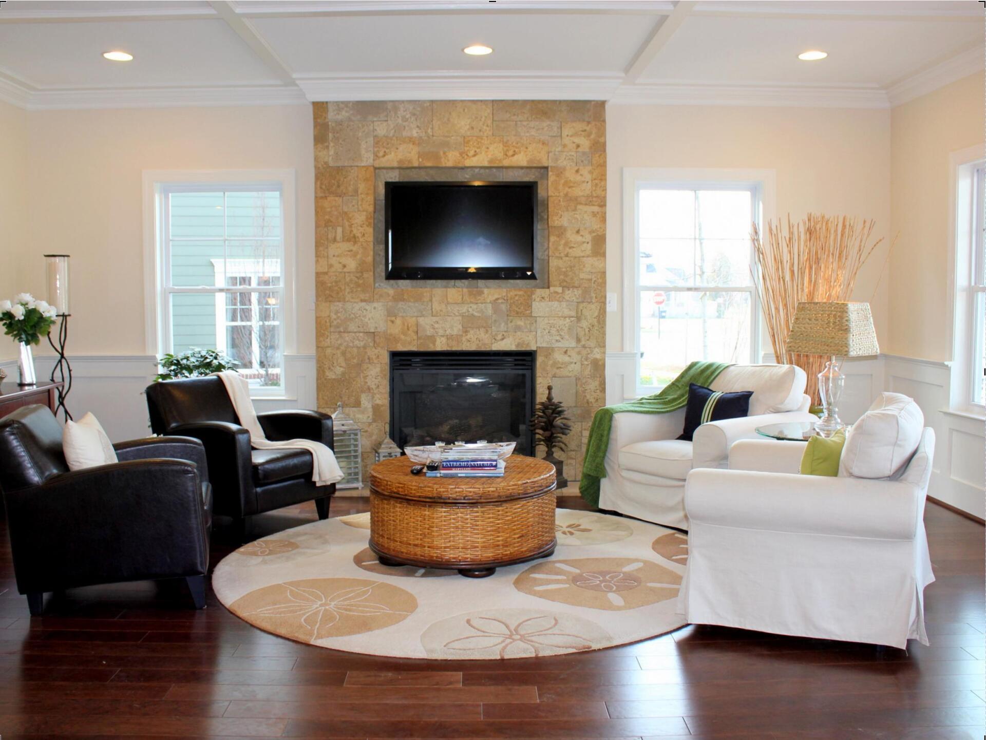 Living room with rock fireplace | Kitty Hawk Legacy | Covell Communities | Chester, Maryland 21619