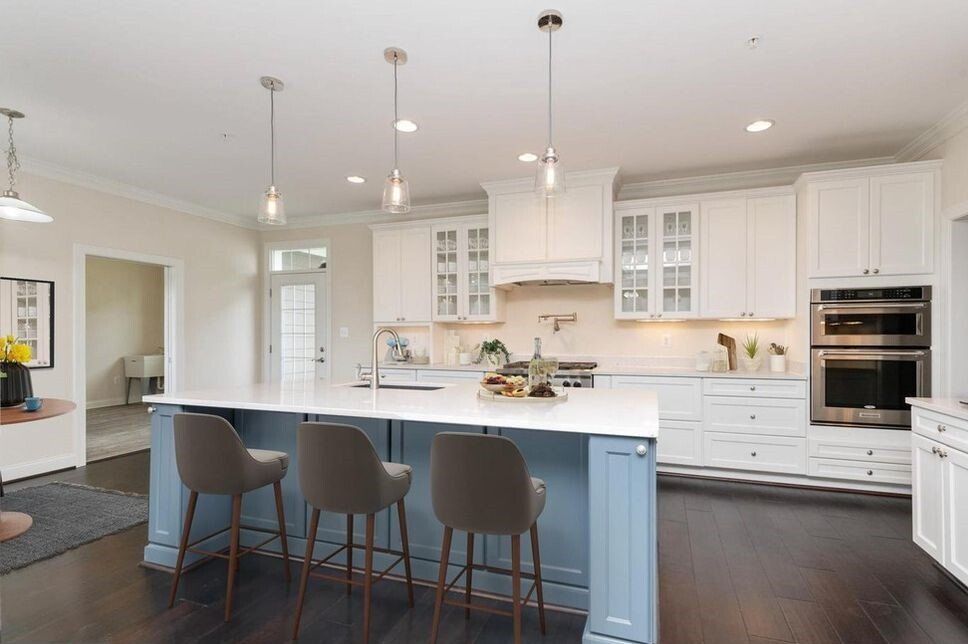 Kitchen with large blue island | East Port Legacy | Covell Communities | Chester, Maryland 21619