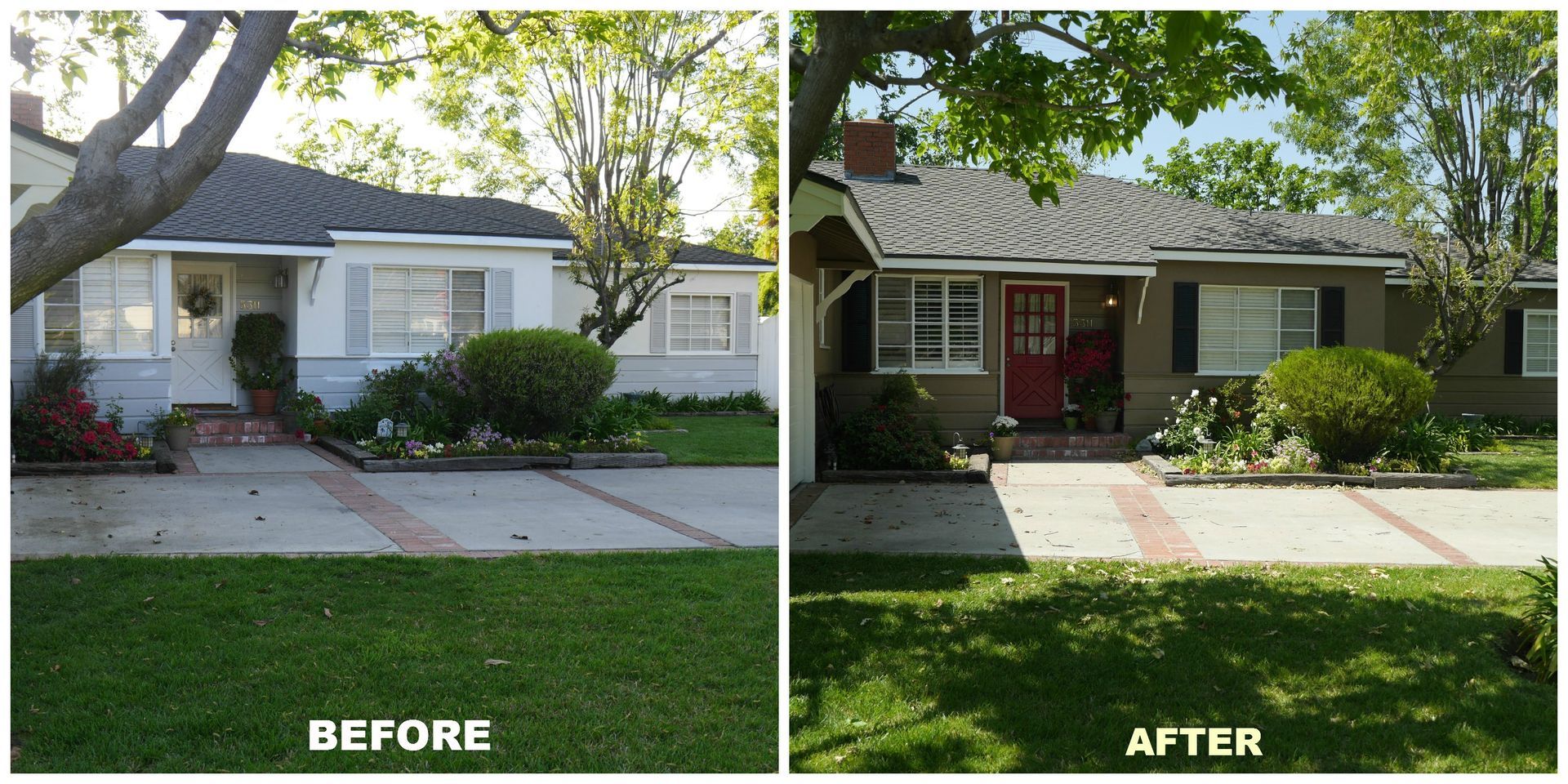 A before and after photo of a house with a red door