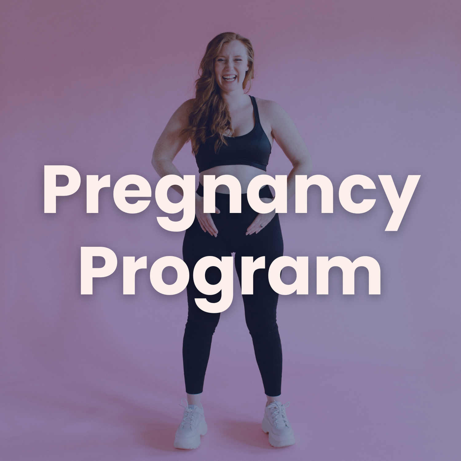 A pregnant woman is standing in front of a pink background.