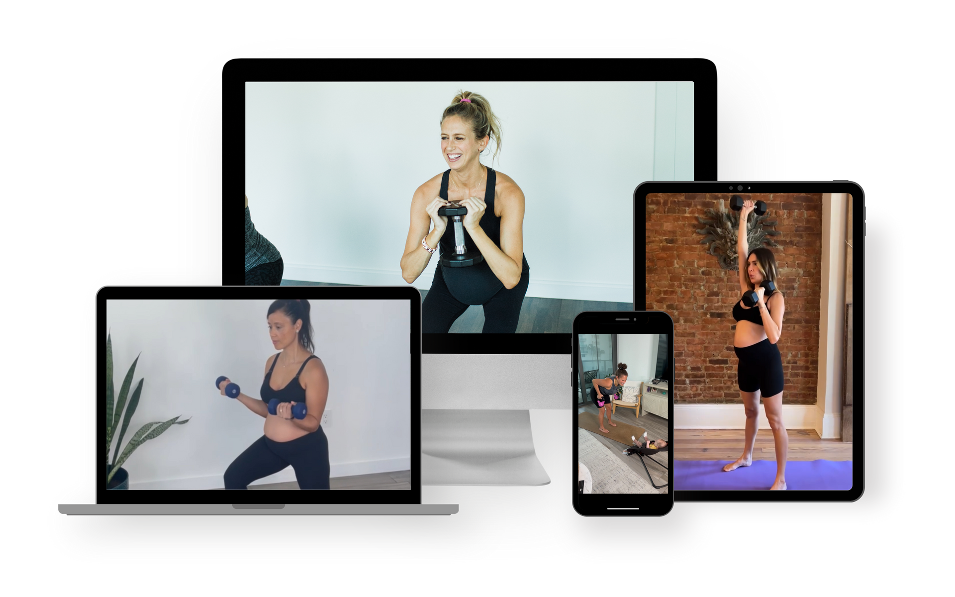A woman is doing exercises on a laptop , tablet , and phone.