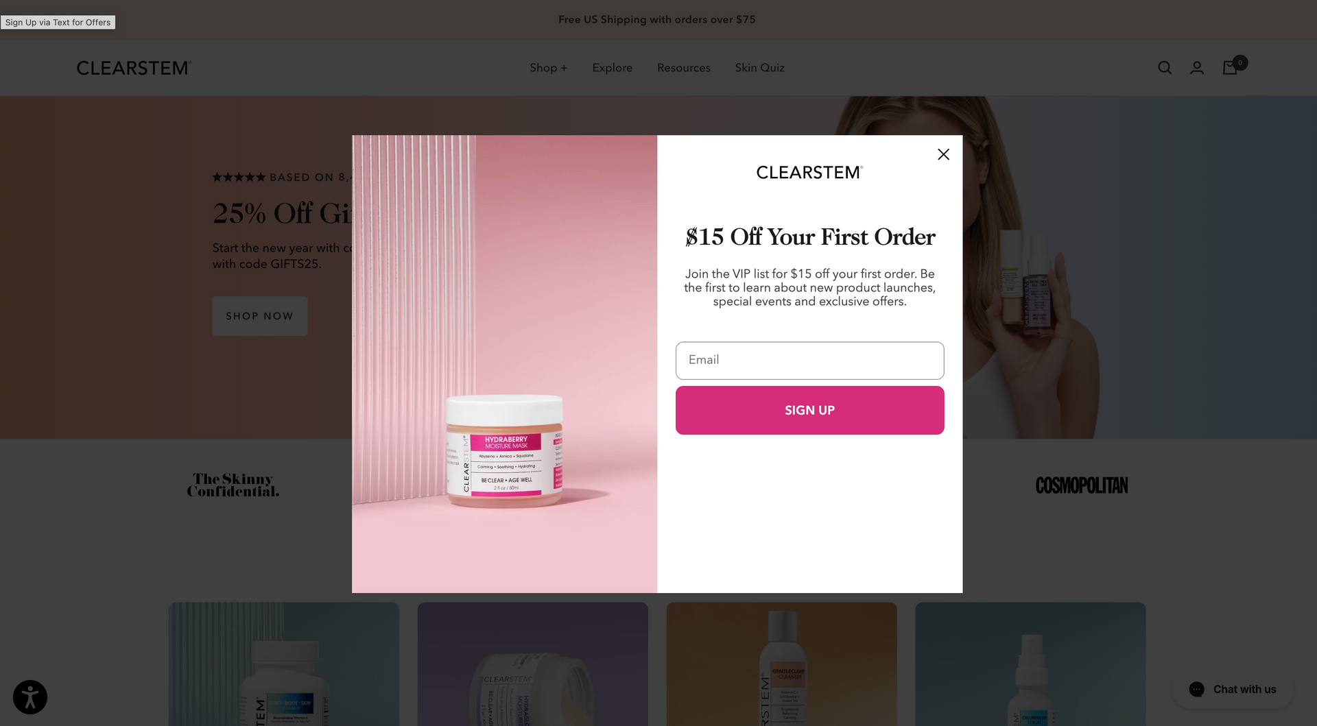 A screen shot of a website with a jar of cream on it