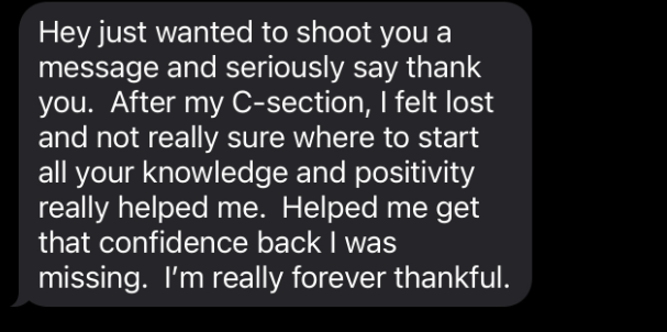 Screenshot of a text with a testimonial that says, 