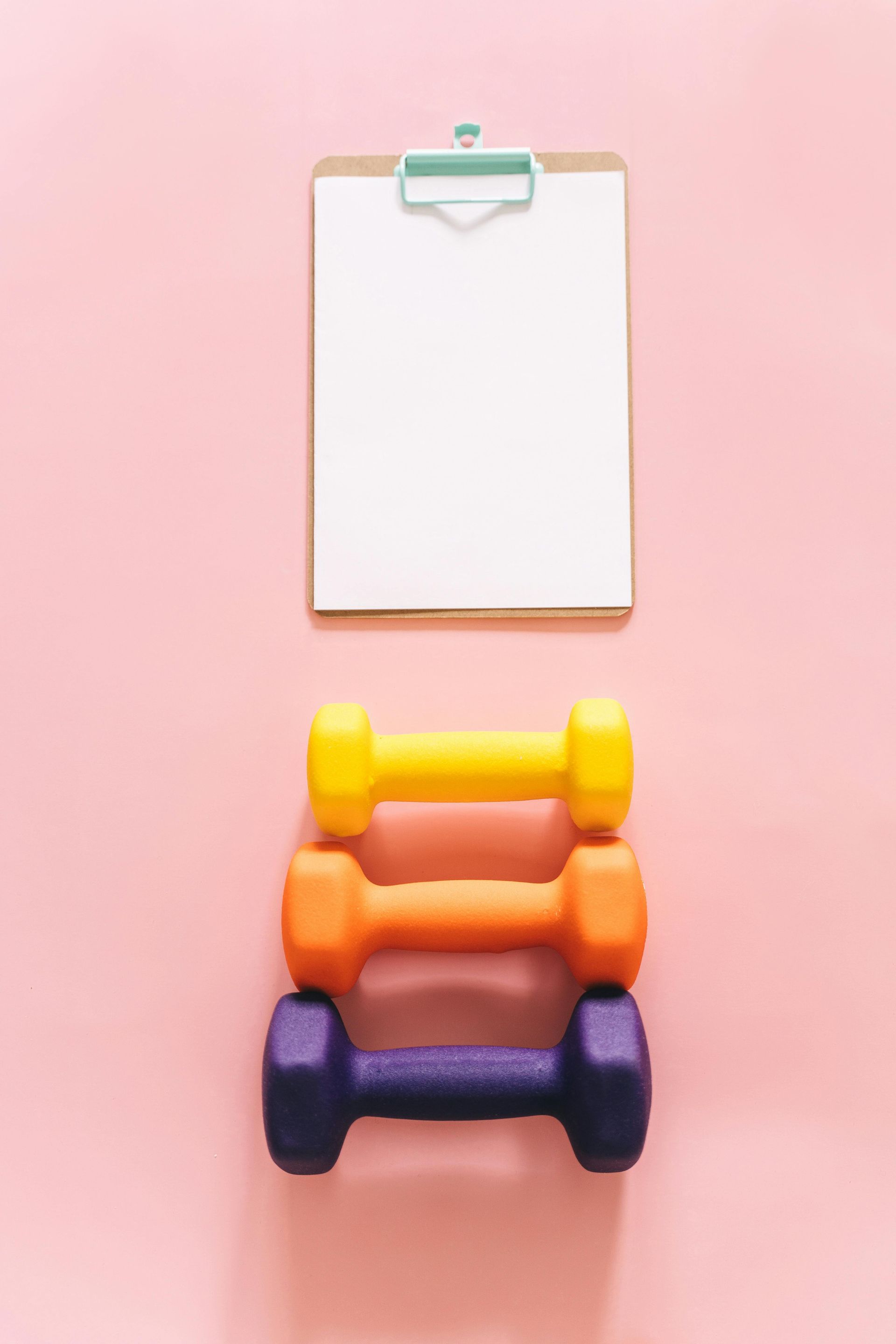 Three colorful dumbbells and a clipboard on a pink background.