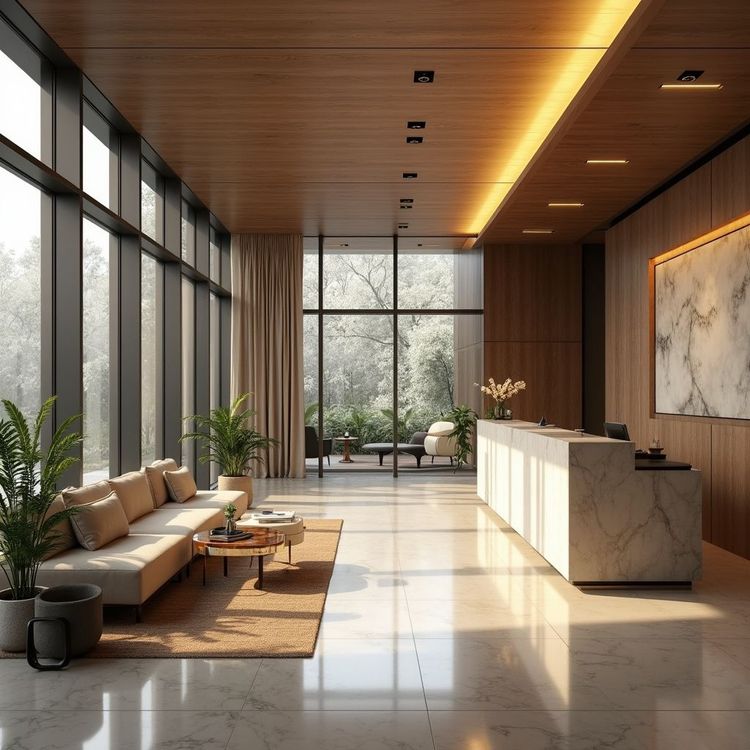 Modern lobby with marble reception desk, wood paneling, and floor-to-ceiling windows overlooking a lush green landscape.