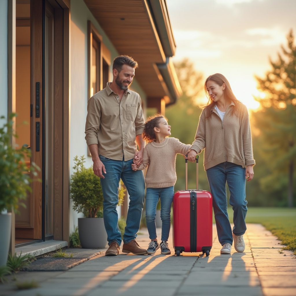 Family of three leaves a house with a red suitcase, smiling, under warm sunlight.