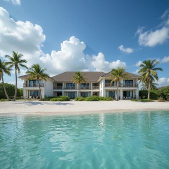 Beachfront condo with white walls, palm trees, and turquoise water under a blue sky.
