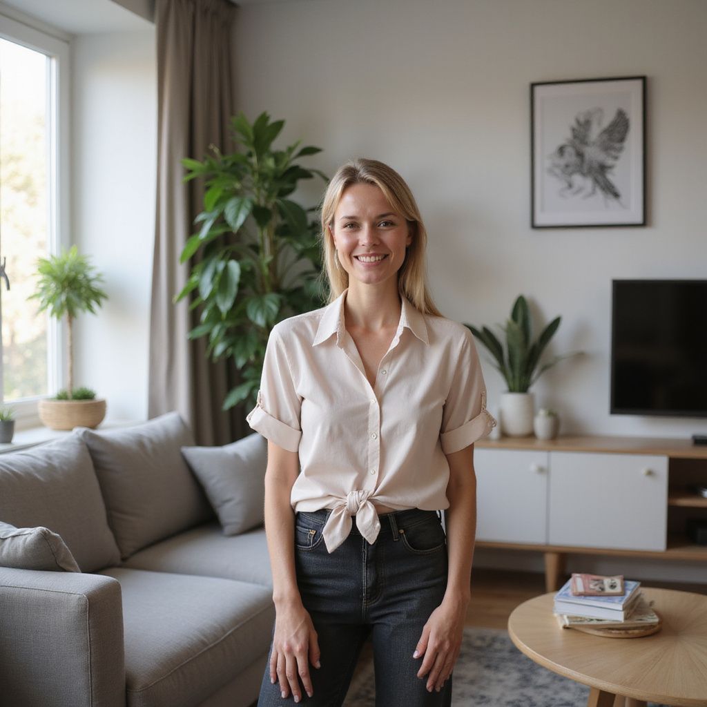 Woman smiles in a living room with a sofa, plants, and coffee table.