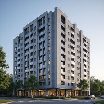 Modern gray apartment building with balconies and ground-floor commercial spaces; sunny day.