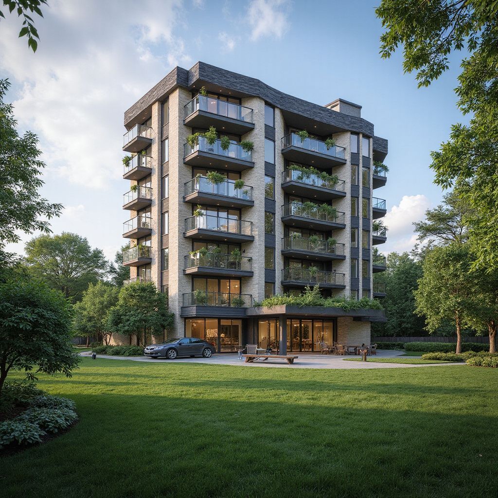 Modern brick apartment building with balconies, lush lawn, trees, and a luxury car.