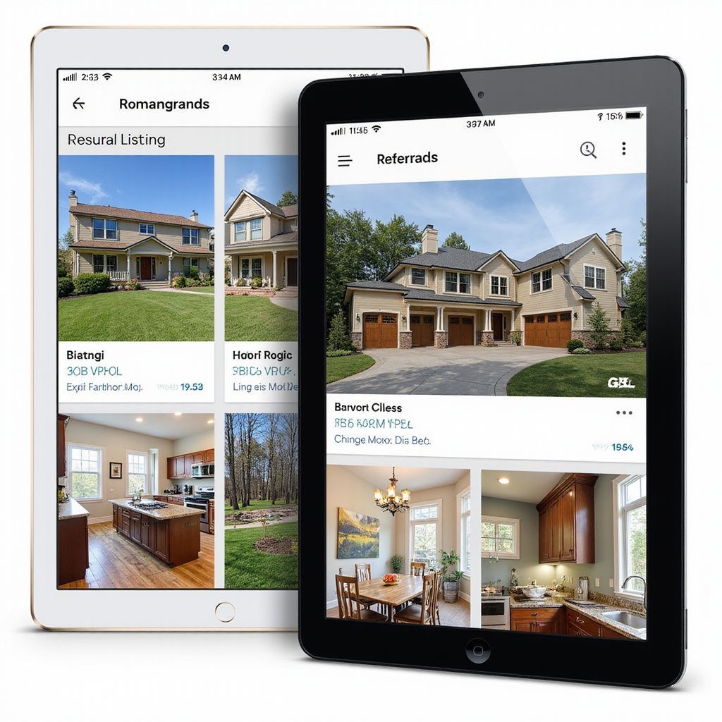 Two tablets displaying real estate listings: houses with photos and details.
