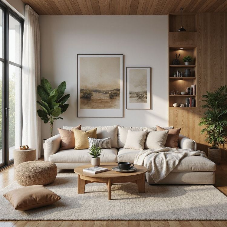 Cozy living room with a cream sectional, wooden accents, and beige rug. Large windows and plants create a warm, inviting space.