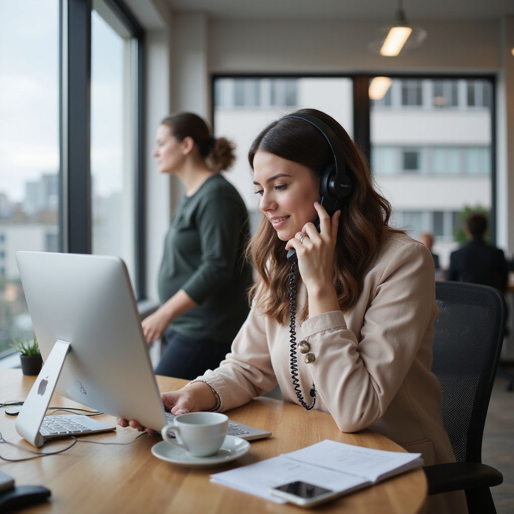 Woman in beige blazer with headset, at desk, talking on phone, using computer, another woman by window.