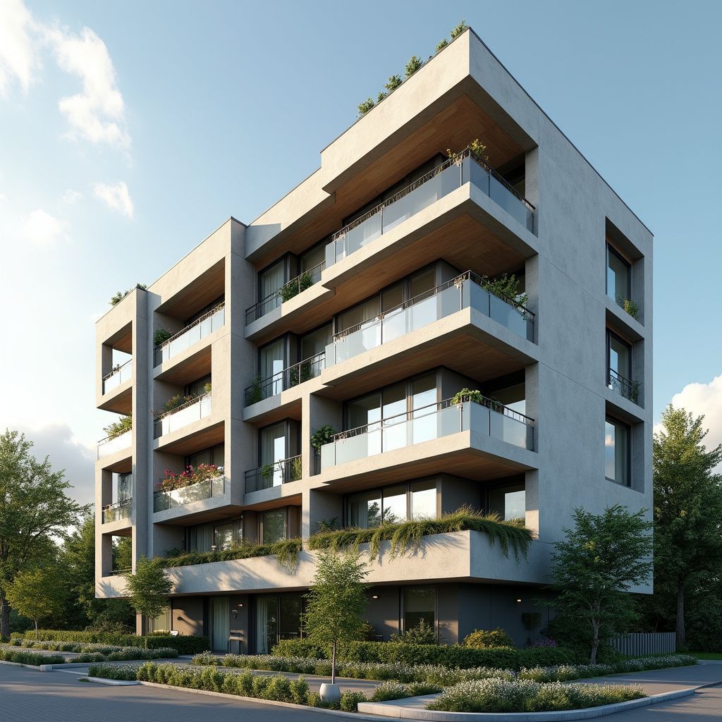 Modern apartment building with balconies, gray facade, and greenery under a sunny sky.