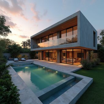 Modern two-story house with a pool. Concrete structure with glass walls, overlooking a pool in a grassy backyard at sunset.