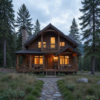 Log cabin nestled in a forest, with stone pathway leading to a porch with lit windows.