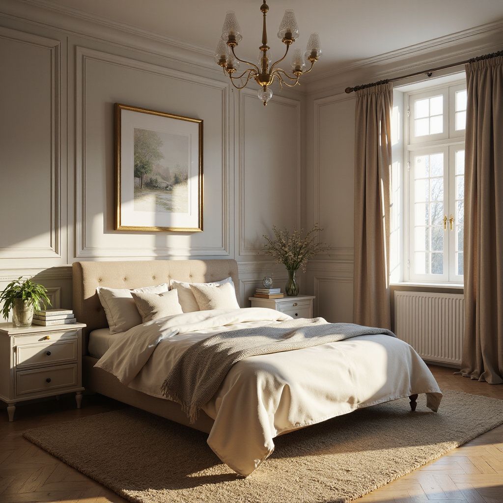 Bedroom with bed, art, window, and rug. Warm sunlight illuminates the beige decor.