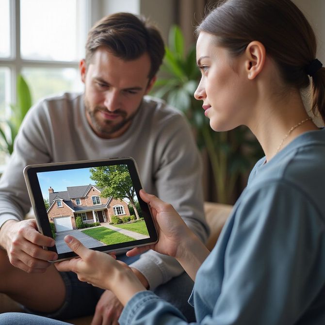 Couple looking at a house on a tablet, considering a real estate purchase.