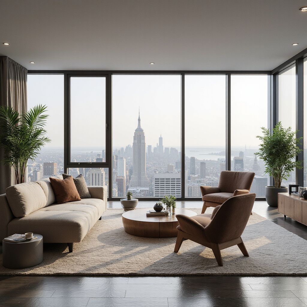 Modern living room with city skyline view, neutral tones, large windows, and two armchairs.