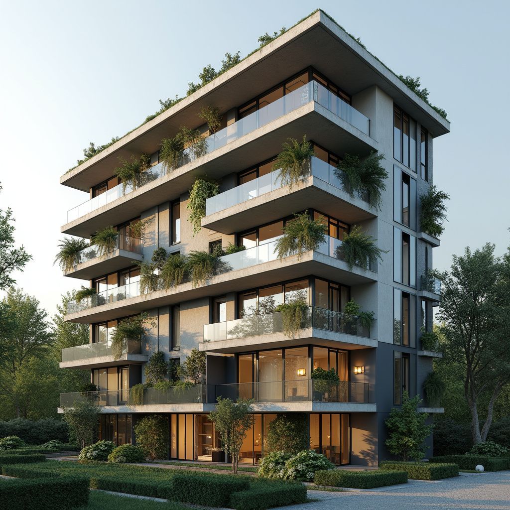 Modern multi-story building with balconies, greenery, and glass windows.