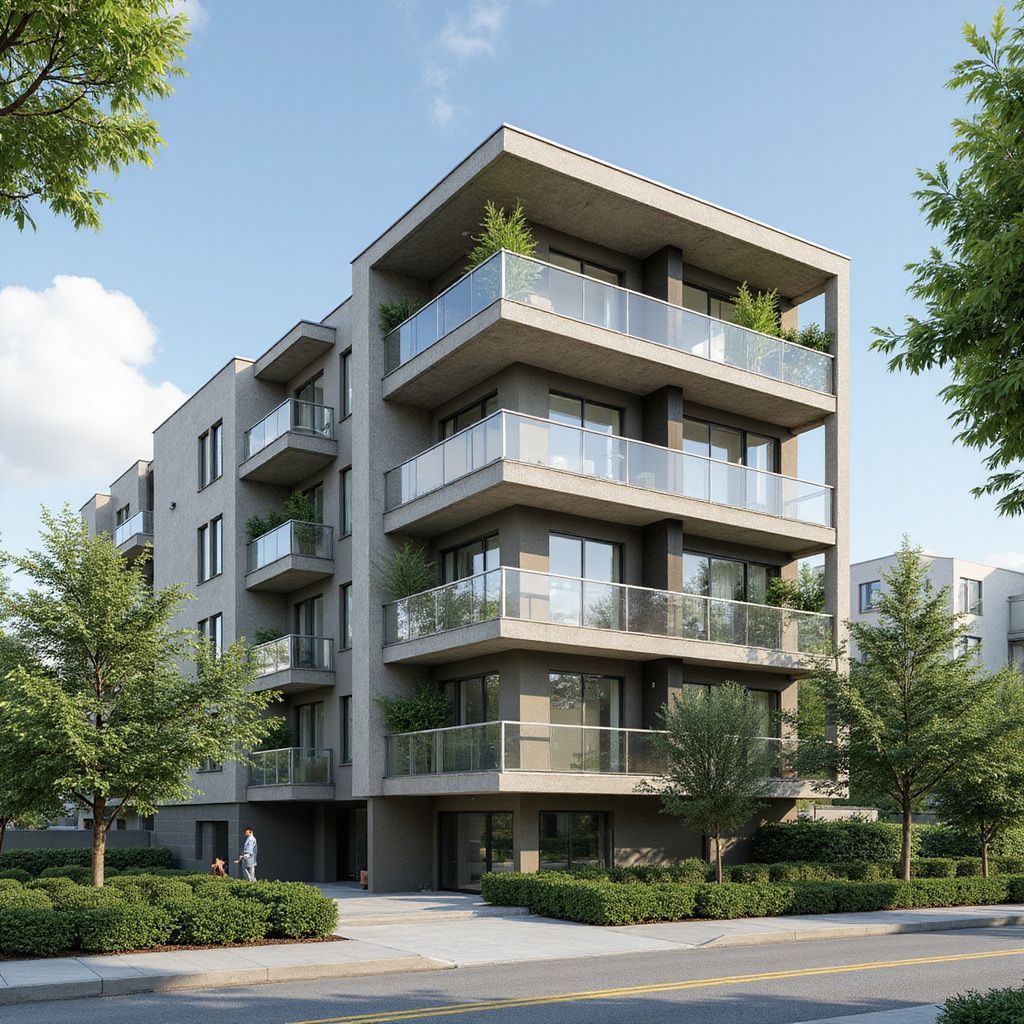 Modern gray apartment building with glass balconies, trees, and a sidewalk on a sunny day.