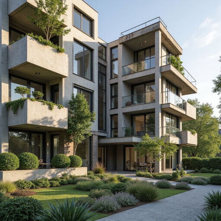 Modern concrete apartment building with balconies, lush landscaping, and tall windows.