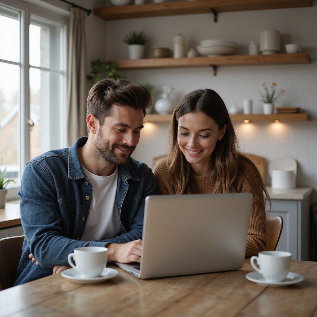 Couple smiling at laptop in kitchen, coffee cups on the table.