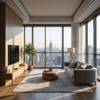 Modern living room with a city view, wooden paneling, and a gray sofa.