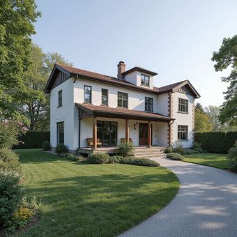 Two-story white house with brown trim, porch, and gravel driveway on a green lawn under a sunny sky.