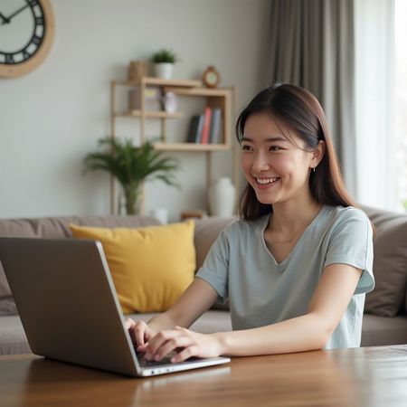 Woman smiling while working on laptop at home.