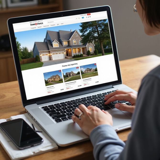 Woman using a laptop browsing a real estate website, featuring house images. A phone rests on the table.