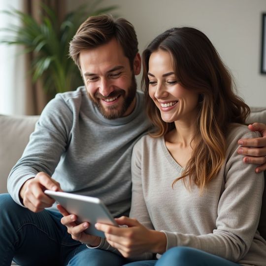 A smiling couple on a couch looking at a tablet together.