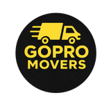 A circular logo featuring a yellow moving truck icon above the text