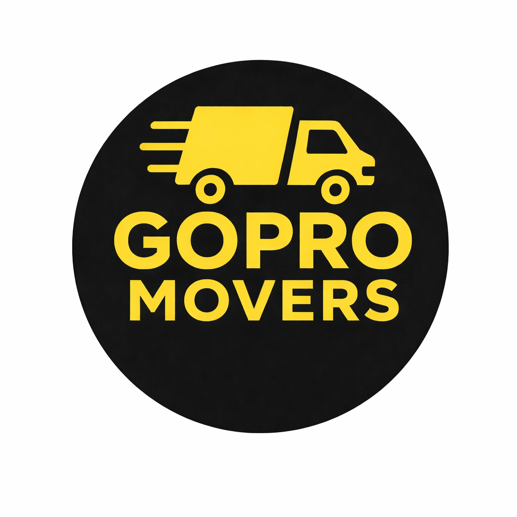 Yellow moving truck icon over text "GoPro Movers" in a black circle.