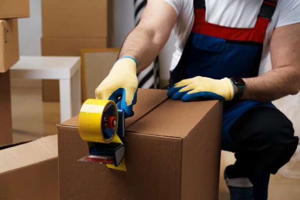Person in blue overalls taping a cardboard box with a yellow tape dispenser.