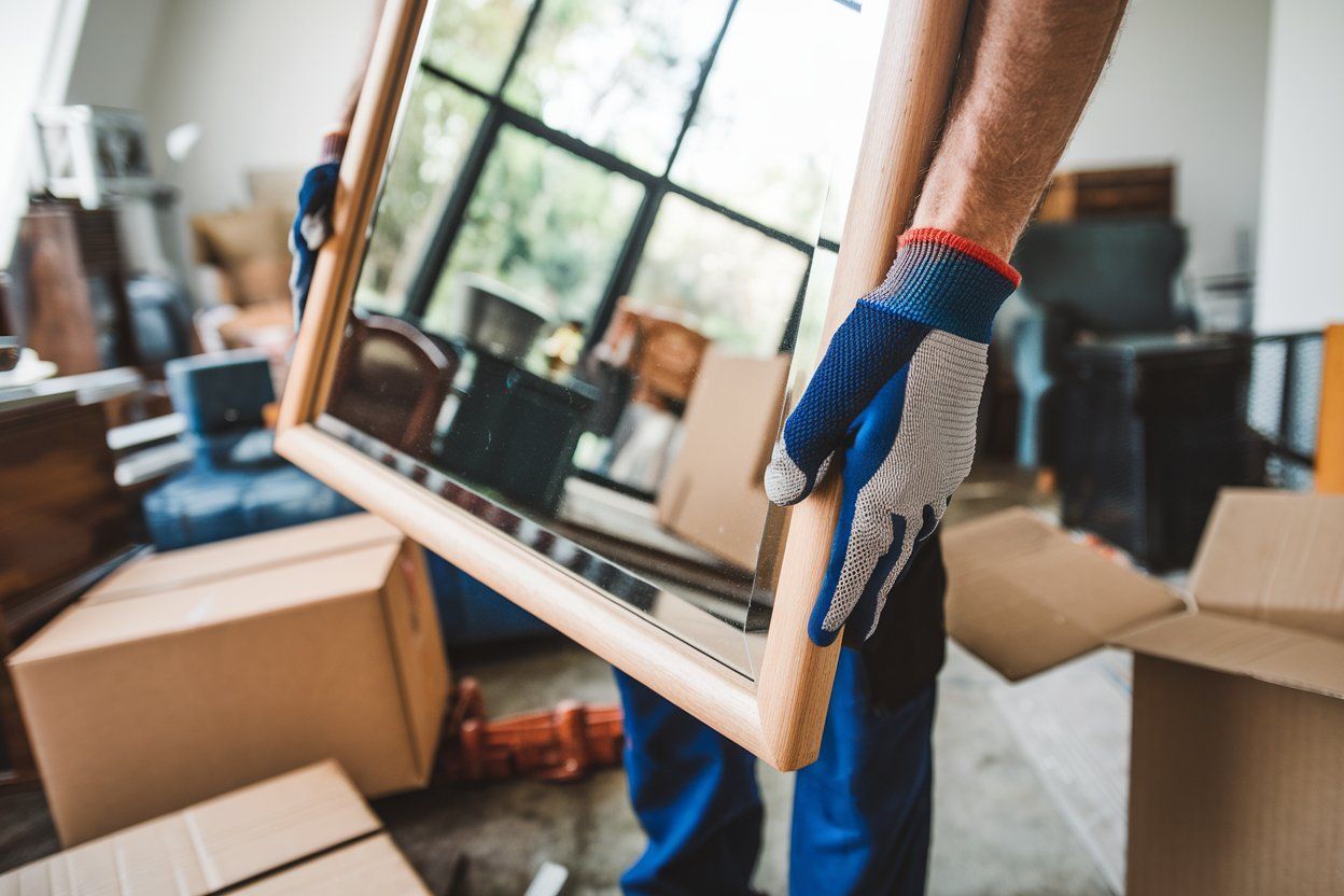 A man is holding a mirror in a living room surrounded by cardboard boxes.
