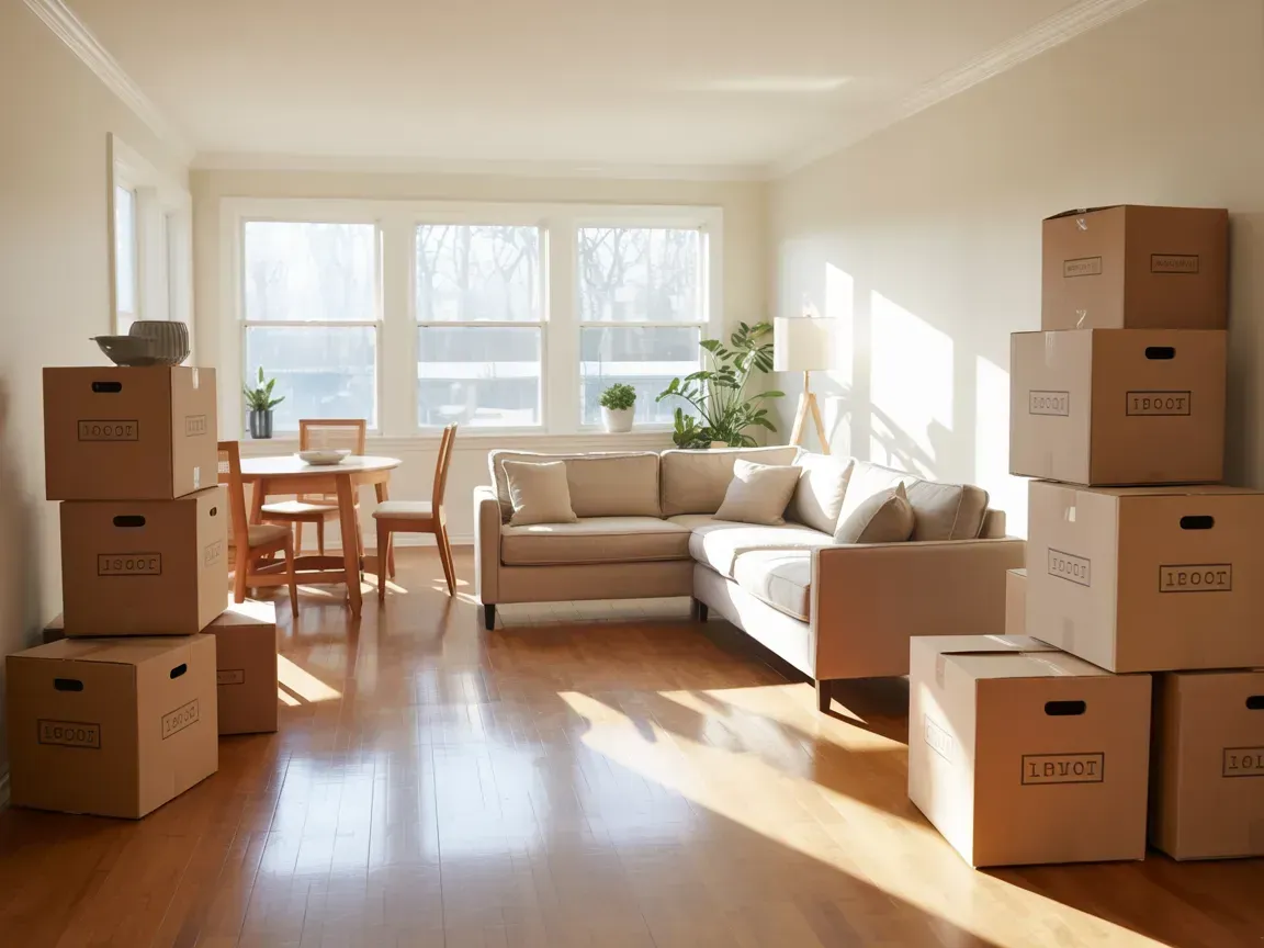 Boxes stacked in a sunlit living room with a couch, table, and windows.