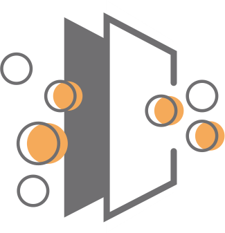 An icon of a door with bubbles coming out of it.