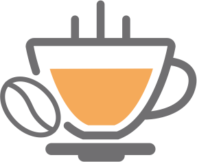 A cup of coffee with steam coming out of it and a coffee bean.