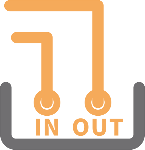 A logo for a company called in out shows two wires connected to each other.