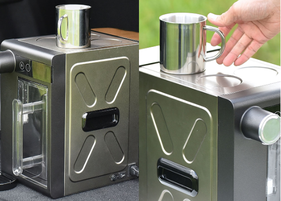 A person is holding a stainless steel mug on top of a metal box.