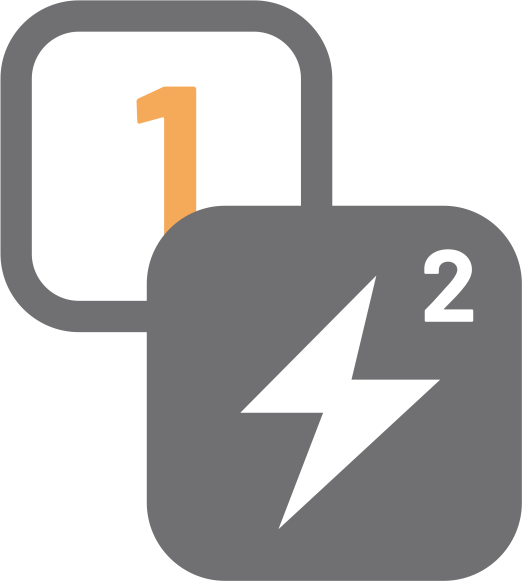 Two squares with a lightning bolt and the number one and two on them.